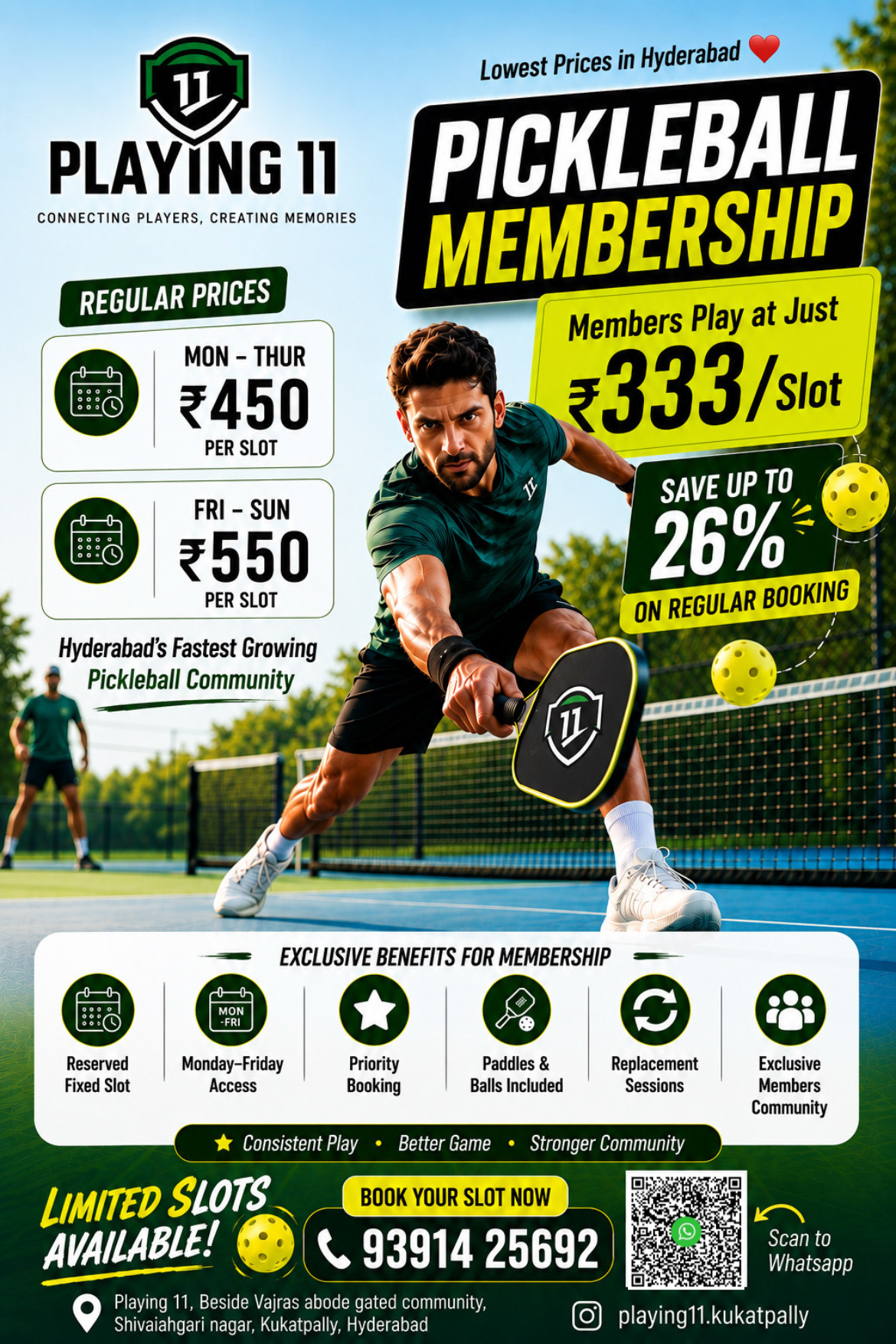 Pickleball membership at Playing11 SAG Sports Arena Kukatpally